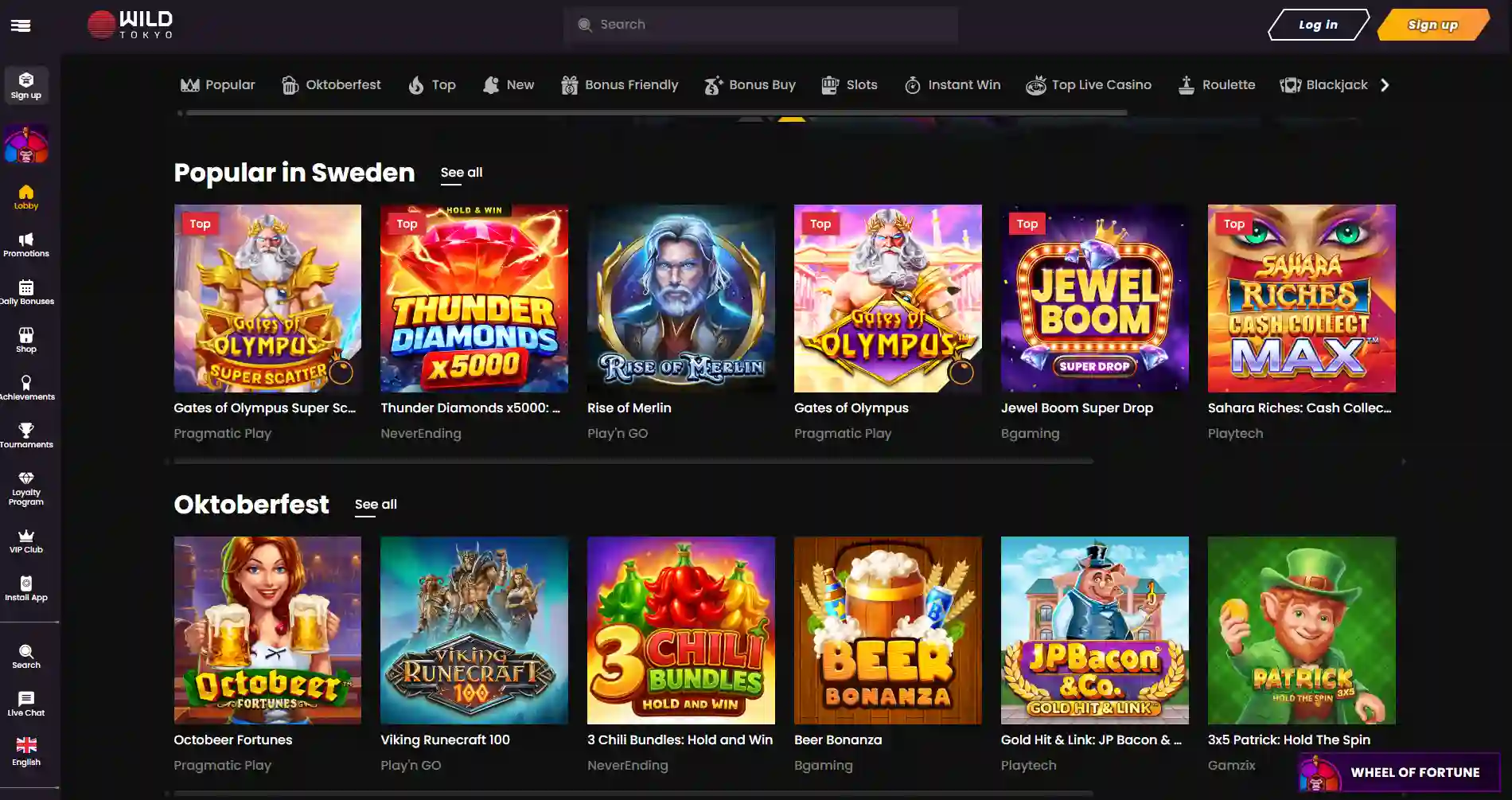 Wild Tokyo Casino homepage showing the site identity and a representative selection of games in the lobby