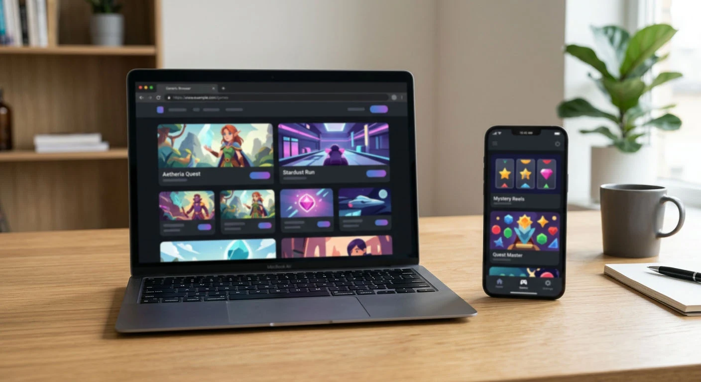 Smartphone beside a laptop showing abstract game tiles and a browser-style interface