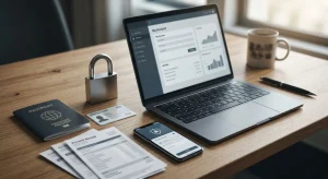 Laptop and smartphone beside abstract identity documents and a secure lock symbol