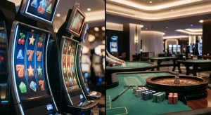 Abstract split scene with slot reels on one side and a live gaming table on the other