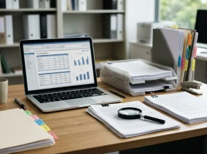 Regulatory documents beside a laptop and a magnifying glass on a desk