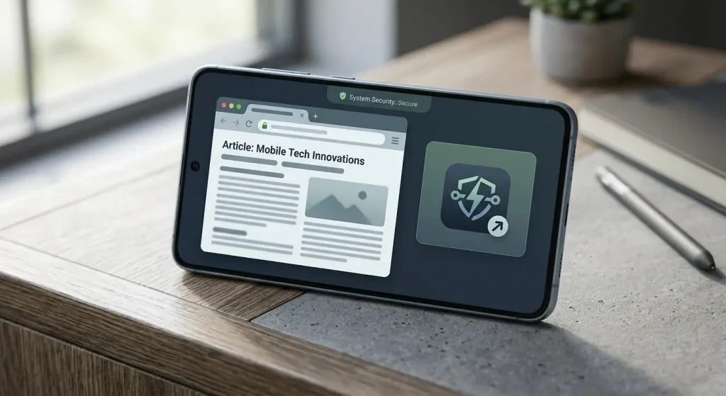 Smartphone showing an abstract browser window beside a home-screen shortcut tile