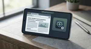 Smartphone showing an abstract browser window beside a home-screen shortcut tile