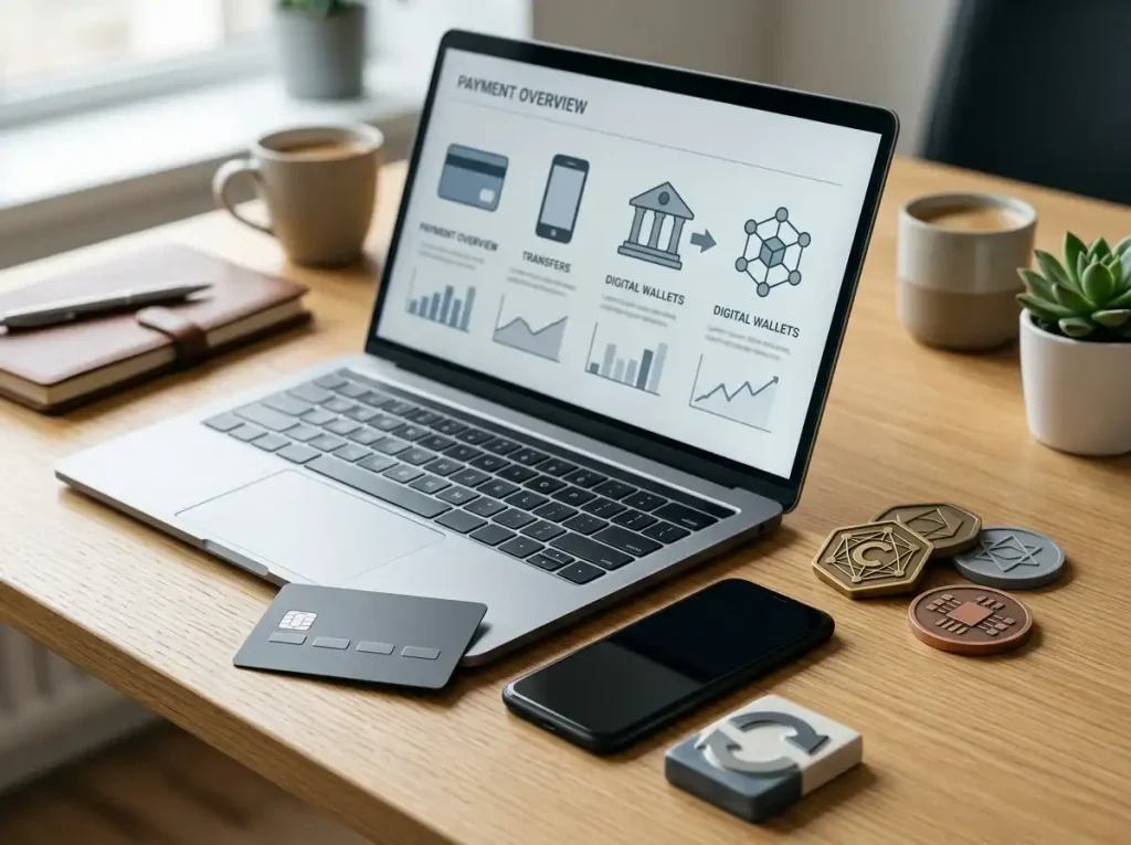 Bank card, mobile wallet, bank transfer symbols and cryptocurrency tokens arranged around a laptop