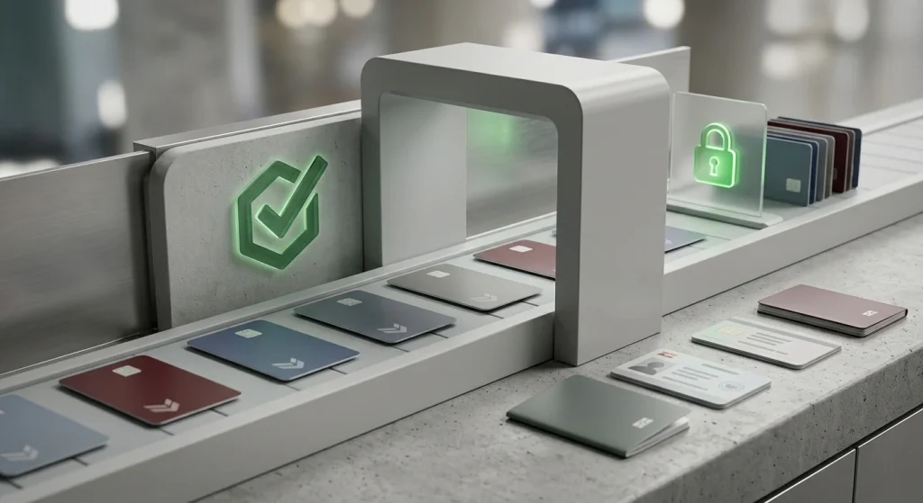 Abstract payout queue beside identity-check documents and a secure payment symbol